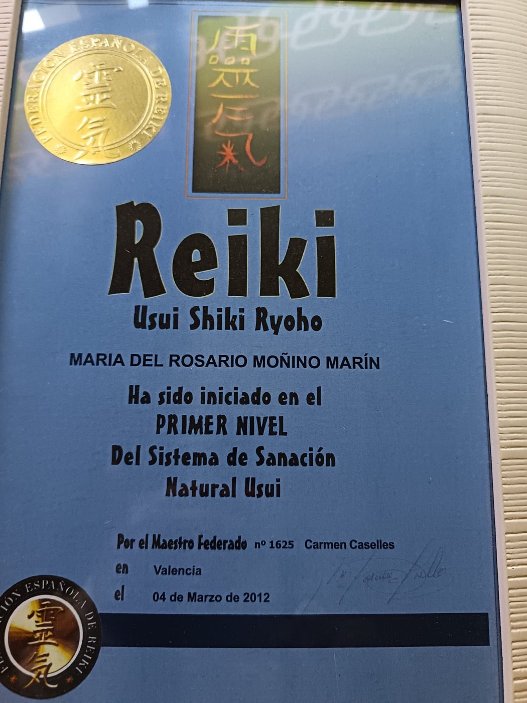 Título de Primer Nivel de Reiki Usui de Charo Moñino