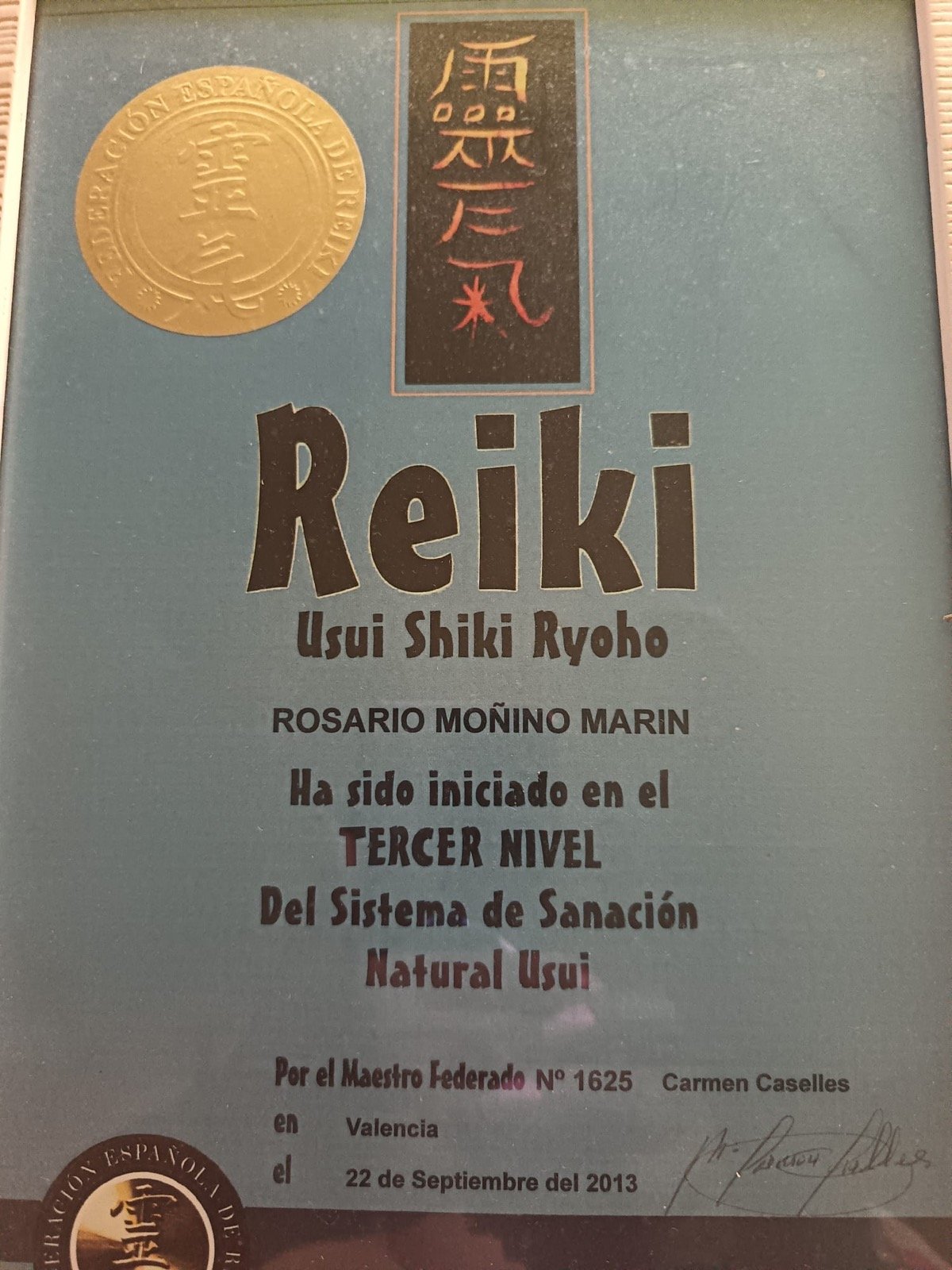 Título de Tercer Nivel de Reiki Usui, Maestría Interior, de Charo Moñino