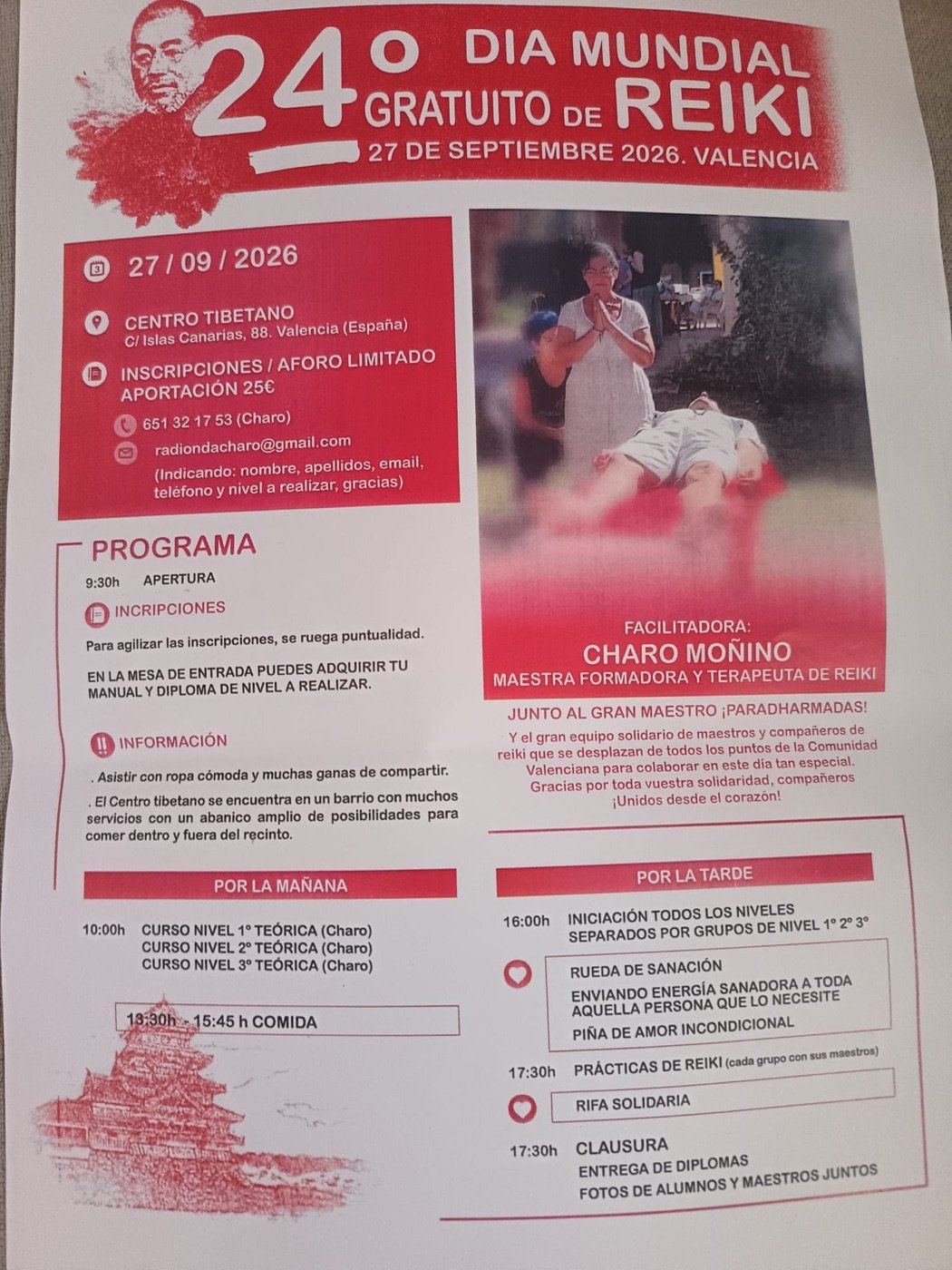 Cartel del Día Mundial del Reiki en Valencia, 27 de septiembre de 2026, con la Maestra Charo Moñino